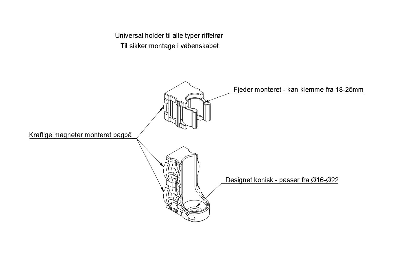Riffelrørsholder til våbenskab - Universal med fjedertop